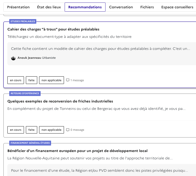 Image Recommandations émises par les conseillers du dossier